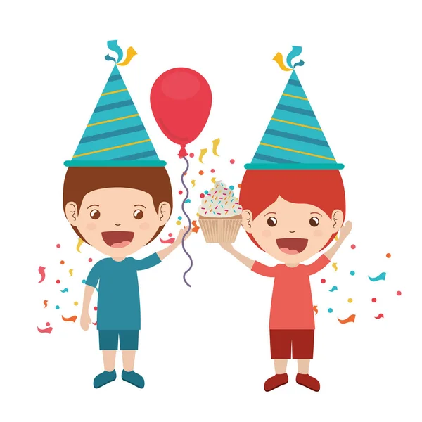 Niños con sombrero de fiesta en la celebración de cumpleaños — Archivo Imágenes Vectoriales