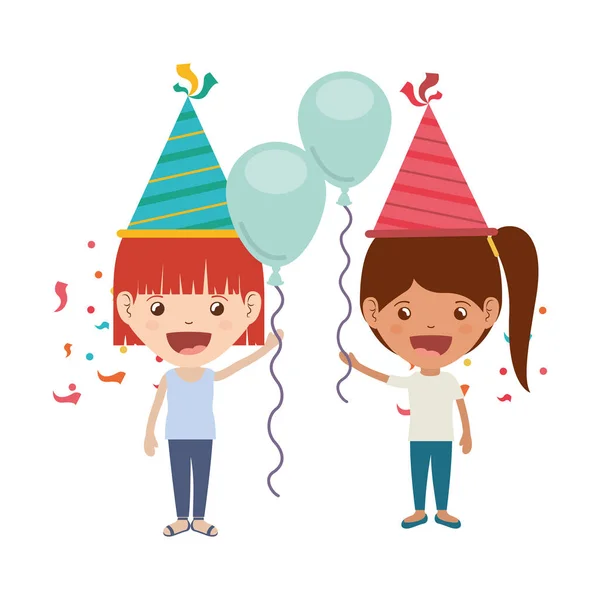 Κορίτσια με καπέλο κόμμα και μπαλόνι ηλίου σε γιορτή γενεθλίων — Διανυσματικό Αρχείο