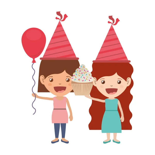 Κορίτσια με καπέλο κόμμα και μπαλόνι ηλίου σε γιορτή γενεθλίων — Διανυσματικό Αρχείο