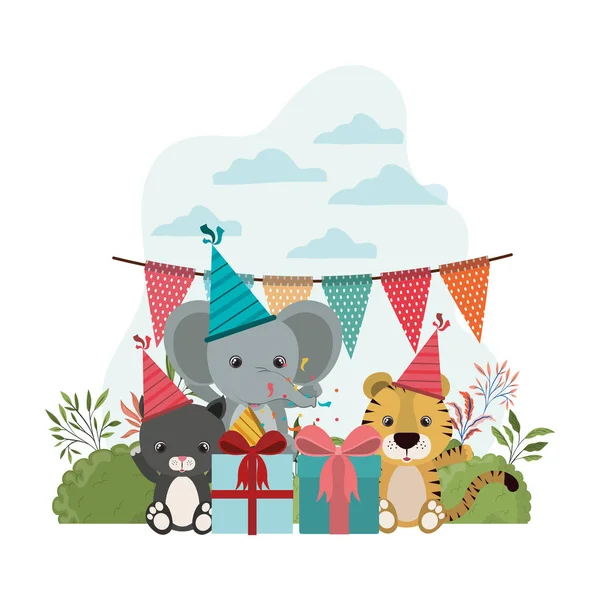 Card of celebration with animals on white background — Stock Vector