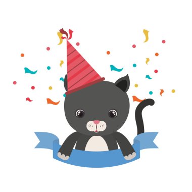 Beyaz arka planda parti şapka ile sevimli kedi hayvan