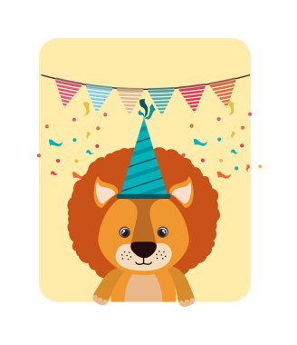 Beyaz arka planda parti şapka ile sevimli aslan