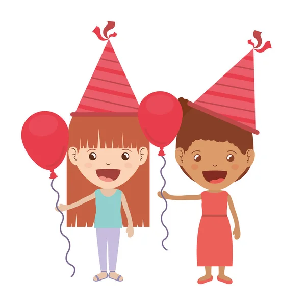 Meninas com chapéu de festa e balão de hélio em celebração de aniversário — Vetor de Stock