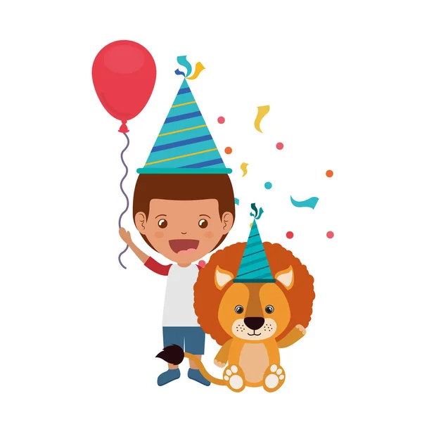 Boy with lion in birthday celebration — Stock Vector