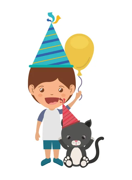 Pojke med katt i födelsedagsfirande — Stock vektor