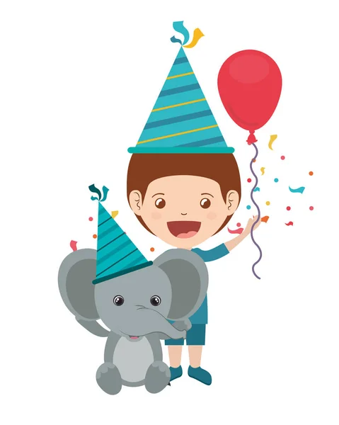 Jongen met olifant in verjaardag viering — Stockvector