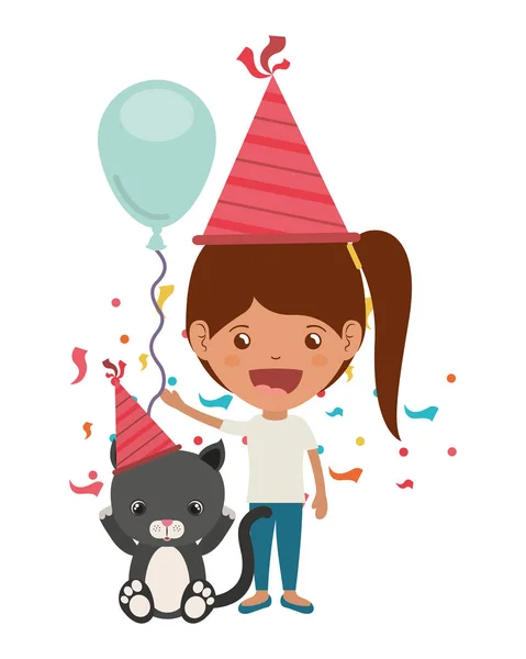 Meisje met kat in verjaardag viering — Stockvector