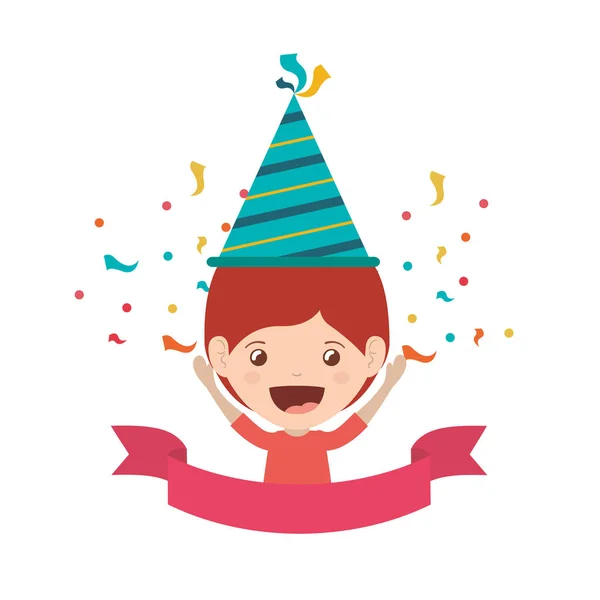 Jongen met feest hoed in verjaardag viering — Stockvector