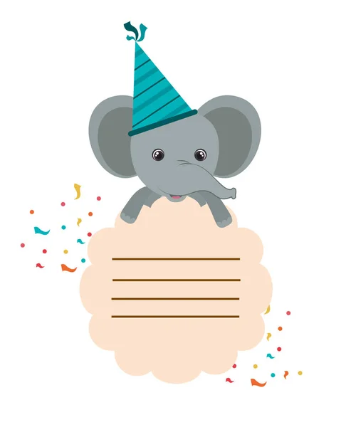 Födelsedagskort och elefant med hatt Party — Stock vektor