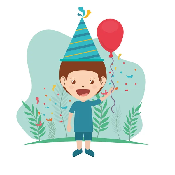 Băiat cu pălărie de petrecere și balon de heliu în sărbătorirea zilei de naștere — Vector de stoc
