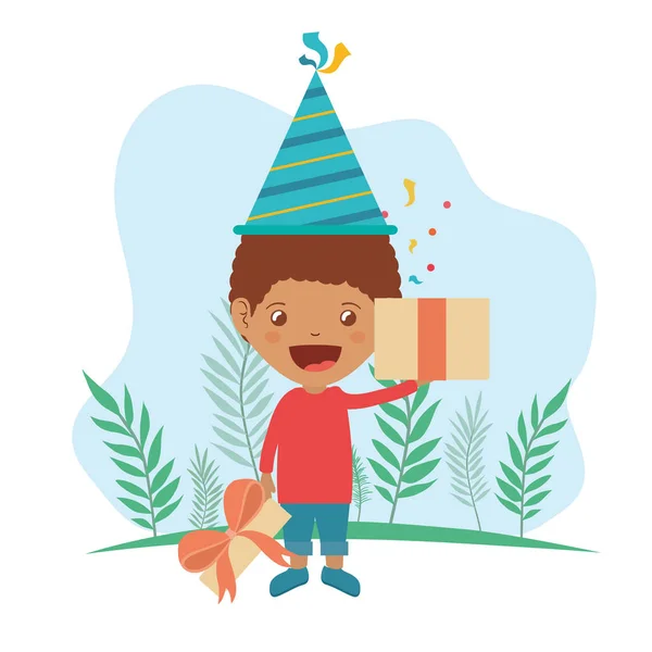 Jongen met partij hoed en geschenk doos in verjaardag viering — Stockvector