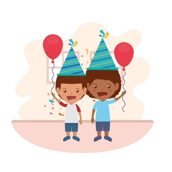 Niños con sombrero de fiesta en la celebración de cumpleaños — Vector de stock