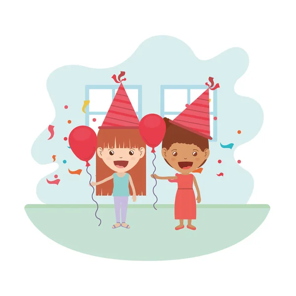 Meninas com chapéu de festa e balão de hélio em celebração de aniversário — Vetor de Stock