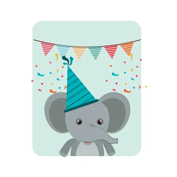 Cartão de aniversário e elefante com chapéu festa —  Vetores de Stock
