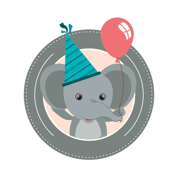Födelsedagskort och elefant med hatt Party — Stock vektor