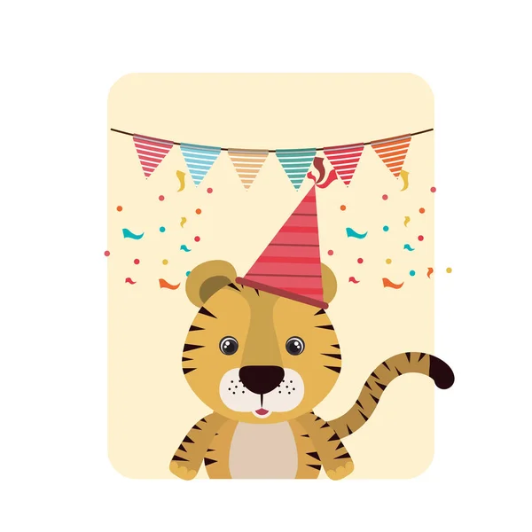 Tarjeta de cumpleaños y tigre con sombrero de fiesta — Archivo Imágenes Vectoriales