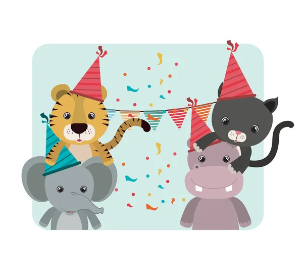 Card of celebration with animals on white background — Stock Vector