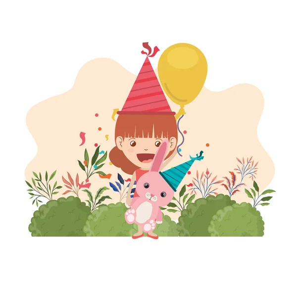 Fille avec lapin dans la célébration d'anniversaire — Image vectorielle
