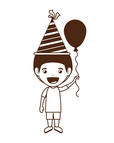 Siluetă de băiat cu pălărie de partid și balon de heliu în sărbătorirea zilei de naștere — Vector de stoc