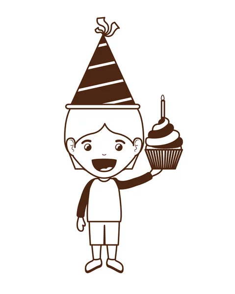 Silhouette of boy with party hat and cake in birthday celebration — Stock Vector