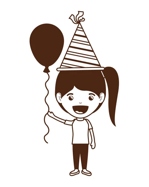 Siluetă de fată cu pălărie de petrecere și balon de heliu în sărbătorirea zilei de naștere — Vector de stoc