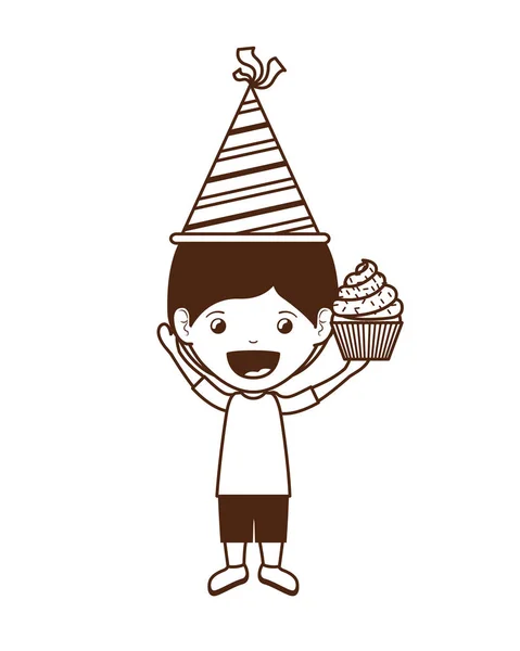 Силуэт мальчика в шляпе вечеринки и торт в праздновании дня рождения — стоковый вектор