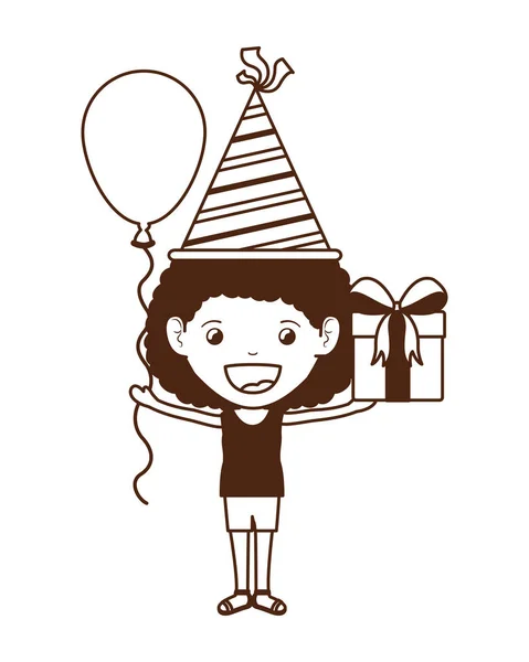 Siluetă de fată cu pălărie de petrecere și balon de heliu în sărbătorirea zilei de naștere — Vector de stoc