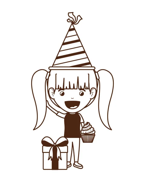 Silhouet van meisje met partij hoed en geschenk doos in verjaardag viering — Stockvector