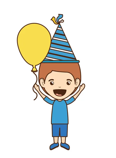 Băiat cu pălărie de petrecere și balon de heliu în sărbătorirea zilei de naștere — Vector de stoc