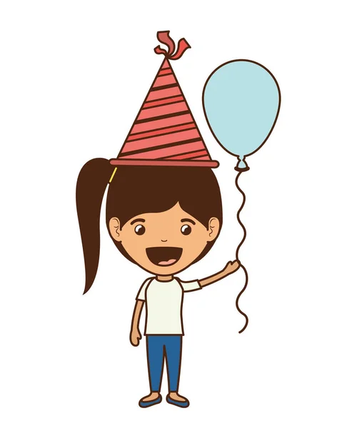 Chica con sombrero de fiesta y globo de helio en la celebración de cumpleaños — Vector de stock