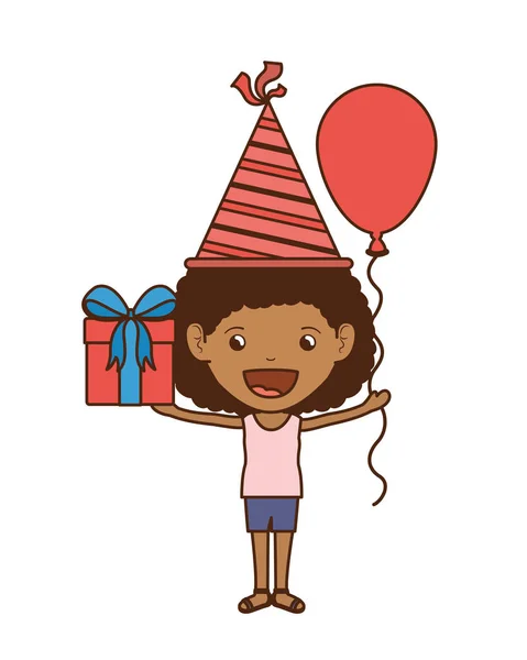 Meisje met feest hoed en geschenk doos in verjaardag viering — Stockvector