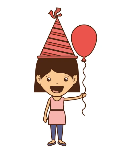 Meisje met feest hoed en helium ballon in verjaardag viering — Stockvector
