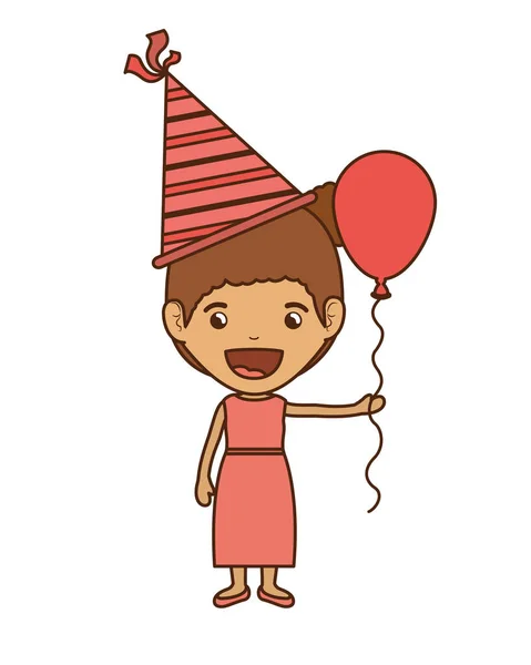 Chica con sombrero de fiesta y globo de helio en la celebración de cumpleaños — Vector de stock