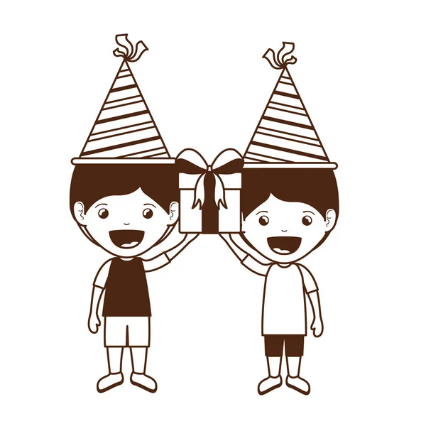 Силует хлопчиків з вечірнім капелюхом у святкуванні дня народження — стоковий вектор