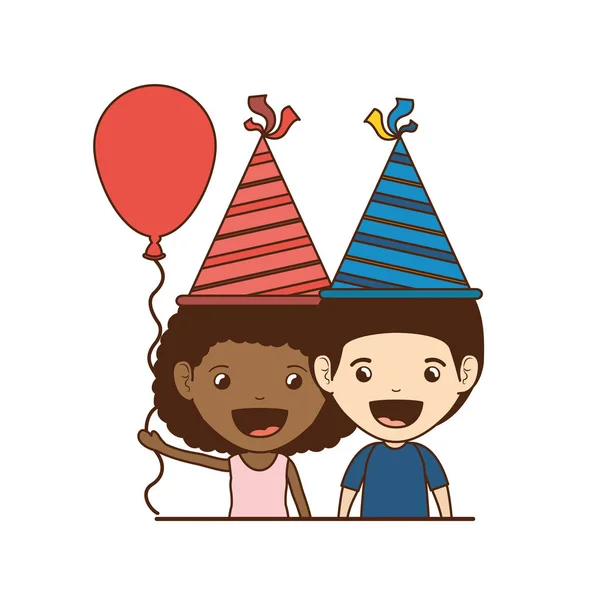 Pareja de niños en celebración de cumpleaños — Vector de stock