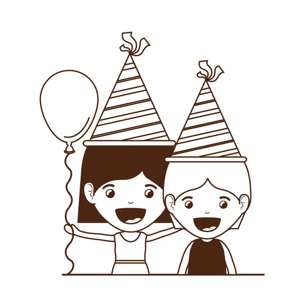 Silueta de pareja de niños en celebración de cumpleaños — Vector de stock