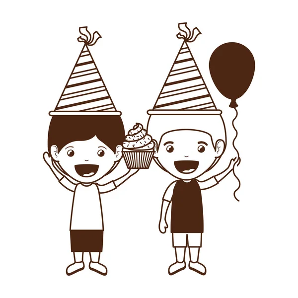 Sylwetka chłopców z kapeluszem party w uroczystościach urodzinowych — Wektor stockowy