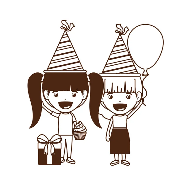 Silhueta de meninas com chapéu de festa na celebração de aniversário — Vetor de Stock