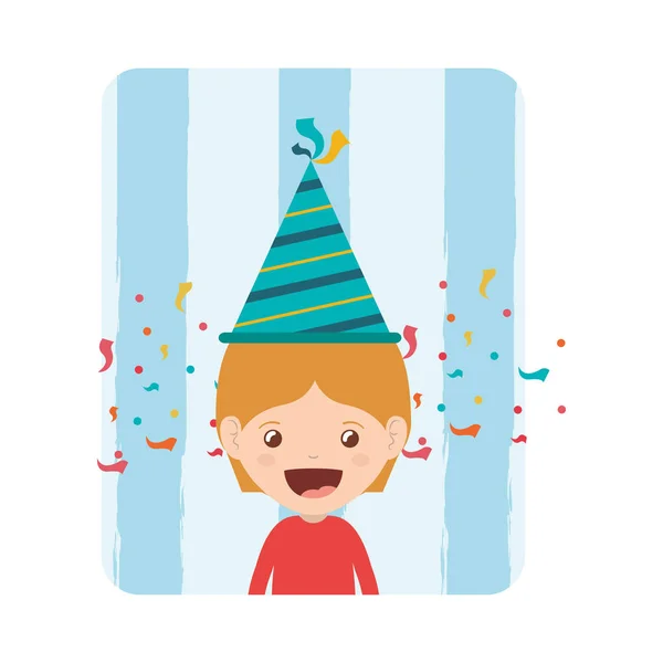 Tarjeta de niño con sombrero de fiesta en la celebración de cumpleaños — Vector de stock