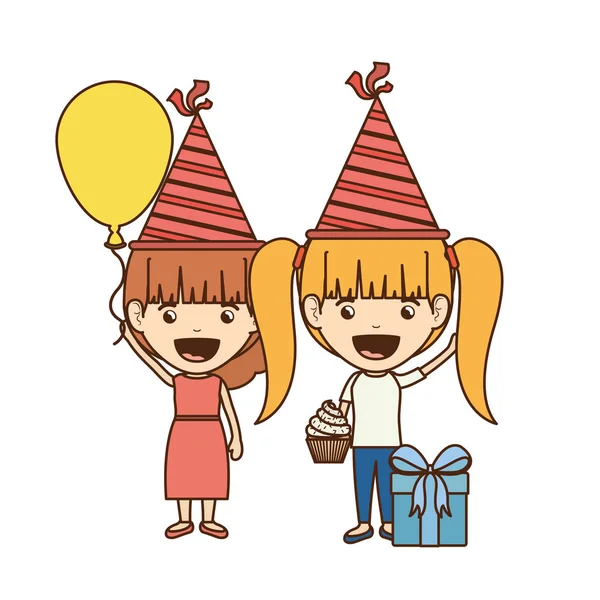 Девушки в шляпе для вечеринок и гелиевом шаре на праздновании дня рождения — стоковый вектор