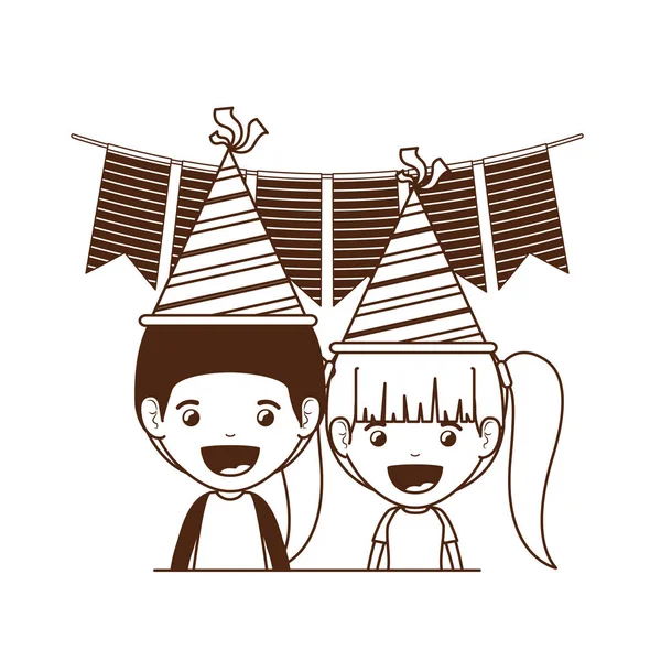 Silueta de pareja de niños en celebración de cumpleaños — Vector de stock