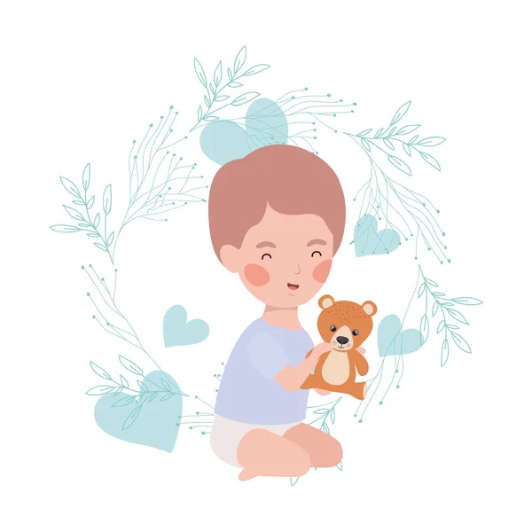 Lindo niño pequeño jugando con precioso animal — Vector de stock