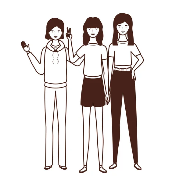 Silhouette di giovani donne in piedi su sfondo bianco — Vettoriale Stock