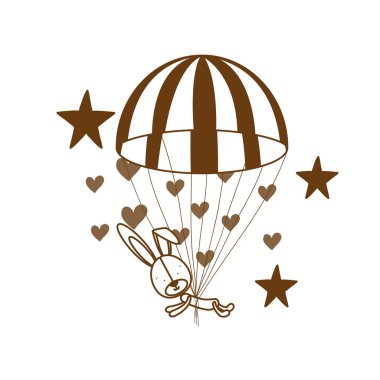 beyaz arka planda paraşüt ile sevimli tavşan silueti