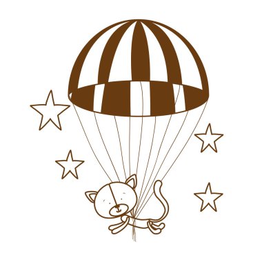 beyaz arka planda paraşüt ile sevimli kedi silueti