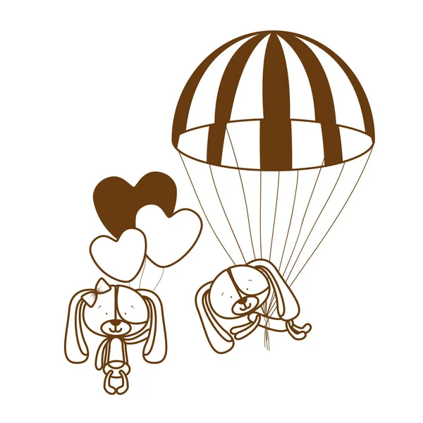 Silhouet van paar schattige pups op parachutes — Stockvector