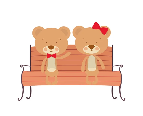 Casal bonito de ursos sentados na cadeira do parque — Vetor de Stock