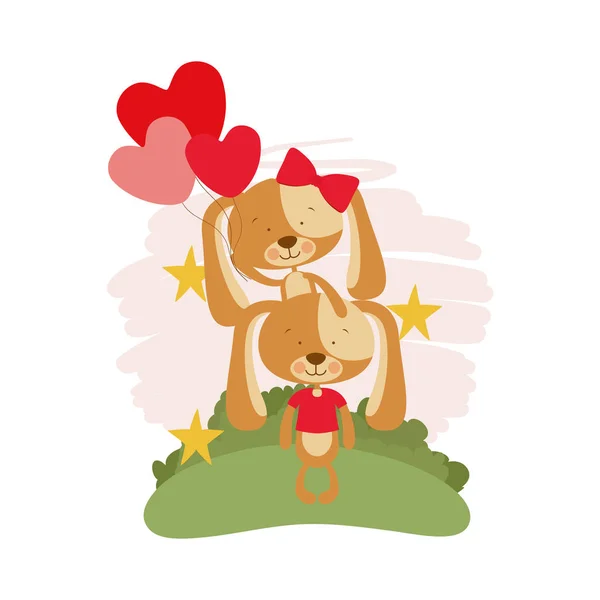 Cute couple of puppies with landscape background — Stock Vector