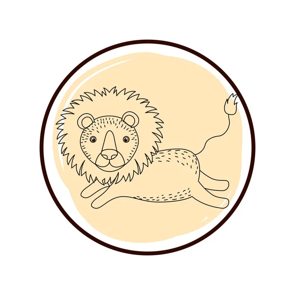 Lion mignon et adorable avec cadre circulaire — Image vectorielle