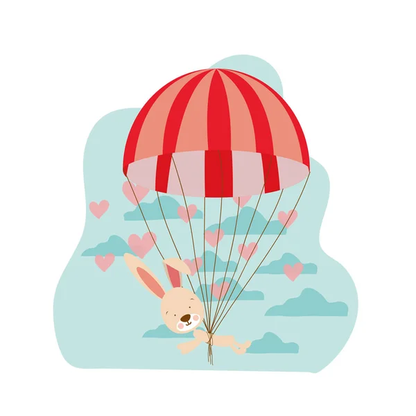 Cute bunny with parachute in background clouds — Stock Vector
